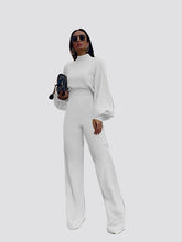 Solid Color High-Neck Long Sleeve Casual Wide-Leg Jumpsuit